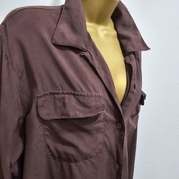 Vtg Quiet Luxury Minimalist Chocolate Brown Silk Blouse M Office Business Casual - Picture 2 of 7